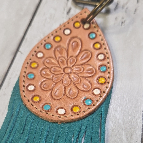 Myra Bag Tan and Teal Leather Fringe Keychain - Picture 2 of 5